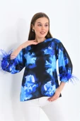 Kadın Tüylü Saten Bluz Saks Mavi 30447 - 1