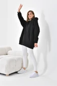 FTZ Women Kadın Oversize 3 İp Şardonlu Kapüşonlu Sweatshirt Siyah 10000 - 5