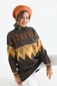 FTZ Women Kadın Zigzag Desen Sakallı Kazak  Kahve 21-6294 - 2