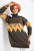 FTZ Women Kadın Zigzag Desen Sakallı Kazak  Kahve 21-6294 - 1