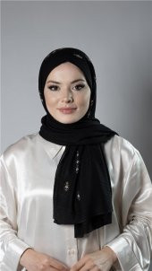 Siyah Pratik Hazır Geçmeli Tesettür Şal Örme Kumaş Taşlı Çiçek Desenli  2118C_01 - 1