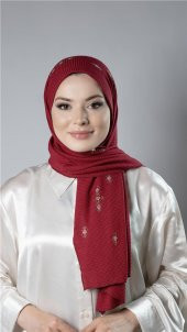 Bordo Pratik Hazır Geçmeli Tesettür Şal Örme Kumaş Taşlı Çiçek Desenli  2118C_16 - 1