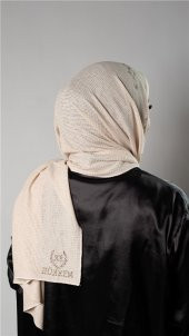 Bej Pratik Hazır Geçmeli Tesettür Şal Örme Kumaş Taşlı Çiçek Desenli  2118C_12 - 4