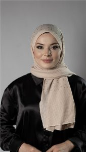 Bej Pratik Hazır Geçmeli Tesettür Şal Örme Kumaş Taş Desenli 2118T_12 - 1