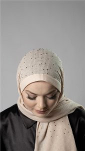 Bej Pratik Hazır Geçmeli Tesettür Şal Örme Kumaş Taş Desenli 2118T_12 - 2