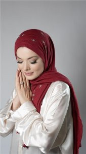 Bordo Pratik Hazır Geçmeli Tesettür Şal Örme Kumaş Taşlı Çiçek Desenli  2118C_16 - 3