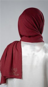 Bordo Pratik Hazır Geçmeli Tesettür Şal Örme Kumaş Taşlı Çiçek Desenli  2118C_16 - 4