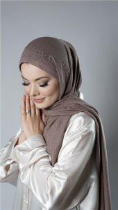 Koyu Vizon Pratik Hazır Geçmeli Tesettür Şal Örme Kumaş Taşlı Yıldız Desenli  2118Y_38 thumbnail 2