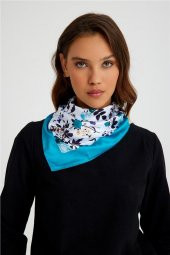 Beyaz Bandana Fular Saten Kumaş Çiçek Desenli 1014_42 - 1