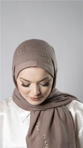 Koyu Vizon Pratik Hazır Geçmeli Tesettür Şal Örme Kumaş Taşlı Yıldız Desenli  2118Y_38 thumbnail 3