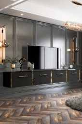 Givayo Mobilya Maria Tv Ünitesi Duvara Monte/ Ayaklı Kullanım 240 cm Siyah-Altın - 1
