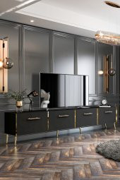 Givayo Mobilya Maria Tv Ünitesi Duvara Monte/ Ayaklı Kullanım 240 cm Siyah-Altın - 2