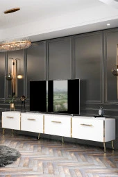 Givayo Mobilya Maria Tv Ünitesi Duvara Monte/ Ayaklı Kullanım 240 cm Beyaz-Altın - 4