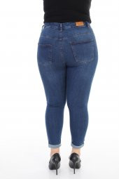 Paçaları Katlı ve Yüksek Belli Cepli Astarsız Dar Kalıp Kadın Kot Pantolon Koyu Mavi Denim Jean - 6