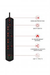 10 Girişli 4+4 USB + 2 Type-C Çoklu Priz 2 M Kablolu Akım Korumalı Anahtarlı Uzatma Grup Priz 3000w - 2