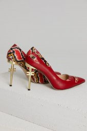 Hakiki Deri Özel Tasarım Kırmızı-Yılan Derisi Stiletto - 5