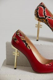 Hakiki Deri Özel Tasarım Kırmızı-Yılan Derisi Stiletto - 7