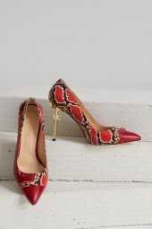 Hakiki Deri Özel Tasarım Kırmızı-Yılan Derisi Stiletto - 8