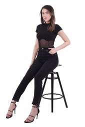 Dar Kalıplı ve Yüksek Belli Cepli Astarsız Kadın Kot Pantolon Skinny Jean Antrasit Denim Dört Mevsim - 1