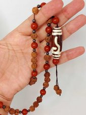 Tibet Akik & Jasper Taşlı Para Kancası Sembollü Rudraksha Unisex Kolye 8mm thumbnail 4