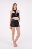 Yırtıklı ve Bitişi Püsküllü Mom Fit Kadın Kot Şort Antrasit Denim Yaz - 2