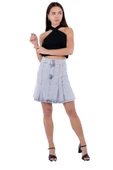 Pileli Çan Modelli Cepsiz Astarsız Kadın Kısa Etek Denim Yaz Kar Açık Mavi - 5