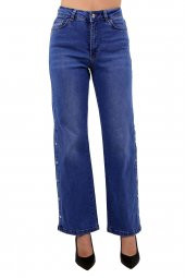 Paçaları Çıtçıtlı Detaylı Yüksek Belli Cepli Astarsız Kadın Kot Pantolon Jean Açık Mavi Denim - 1