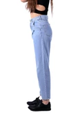 Pileli ve Yüksek Belli Cepli Astarsız Tam Boy Balon Jean Kadın Kot Pantolon Buz Mavisi Dört Mevsim - 4