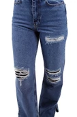 Bacakları Yırtıklı ve Paçaları Yırtmaçlı Geniş Paçalı Kadın Kot Pantolon Jean Orta Mavi Denim - 5