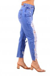 Bacakları Yırtıklı ve Yüksek Belli Astarsız Cepli Boyfriend Kadın Kot Pantolon Jean Orta Mavi Denim - 5