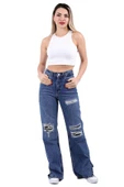Bacakları Yırtıklı ve Paçaları Yırtmaçlı Geniş Paçalı Kadın Kot Pantolon Jean Orta Mavi Denim - 6
