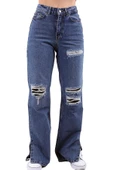 Bacakları Yırtıklı ve Paçaları Yırtmaçlı Geniş Paçalı Kadın Kot Pantolon Jean Orta Mavi Denim - 1