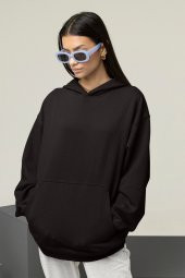 Kadın Düz Siyah Erkek Kapüşonlu 3 iplik Şardonlu Ribanalı Sweatshirt Hoodie - 1