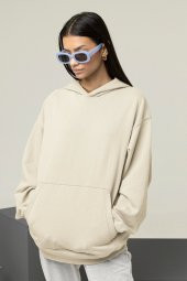 Kadın Düz Bej Erkek Kapüşonlu 3 iplik Şardonlu Ribanalı Sweatshirt Hoodie - 1