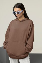 Kadın Düz Kahverengi Kapüşonlu 3 Iplik Şardonlu Ribanalı Sweatshirt Hoodie - 1