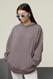 Kadın Düz Gri Erkek Kapüşonlu 3 iplik Şardonlu Ribanalı Sweatshirt Hoodie - 1