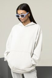 Kadın Düz Beyaz Erkek Kapüşonlu 3 iplik Şardonlu Ribanalı Sweatshirt Hoodie - 1