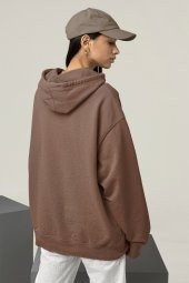 Kadın Düz Kahverengi Kapüşonlu 3 Iplik Şardonlu Ribanalı Sweatshirt Hoodie - 2