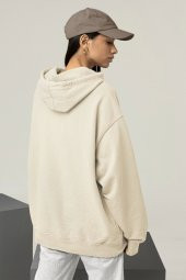 Kadın Düz Bej Erkek Kapüşonlu 3 iplik Şardonlu Ribanalı Sweatshirt Hoodie - 2