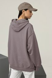 Kadın Düz Gri Erkek Kapüşonlu 3 iplik Şardonlu Ribanalı Sweatshirt Hoodie - 2