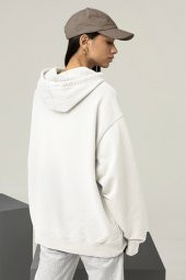 Kadın Düz Beyaz Erkek Kapüşonlu 3 iplik Şardonlu Ribanalı Sweatshirt Hoodie - 2