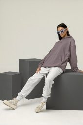 Kadın Düz Gri Erkek Kapüşonlu 3 iplik Şardonlu Ribanalı Sweatshirt Hoodie - 4