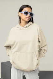 Kadın Düz Bej Erkek Kapüşonlu 3 iplik Şardonlu Ribanalı Sweatshirt Hoodie - 5
