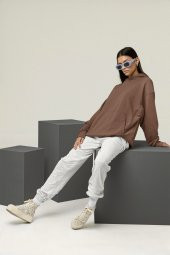 Kadın Düz Kahverengi Kapüşonlu 3 Iplik Şardonlu Ribanalı Sweatshirt Hoodie - 4