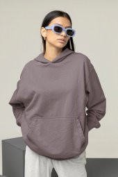 Kadın Düz Gri Erkek Kapüşonlu 3 iplik Şardonlu Ribanalı Sweatshirt Hoodie - 5