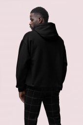 Düz Siyah Erkek Kapüşonlu 3 iplik Şardonlu Ribanalı Sweatshirt Hoodie - 2