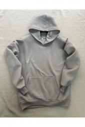 Düz Gri Erkek Kapüşonlu 3 iplik Şardonlu Ribanalı Sweatshirt Hoodie - 3