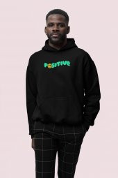 Positive Baskılı Siyah Erkek Kapüşonlu 3 iplik Şardonlu Ribanalı Sweatshirt Hoodie - 1