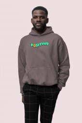 Positive Baskılı Gri Erkek Kapüşonlu 3 iplik Şardonlu Ribanalı Sweatshirt Hoodie - 1