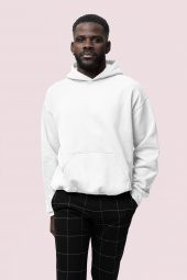 Düz Beyaz Erkek Kapüşonlu 3 iplik Şardonlu Ribanalı Sweatshirt Hoodie - 1